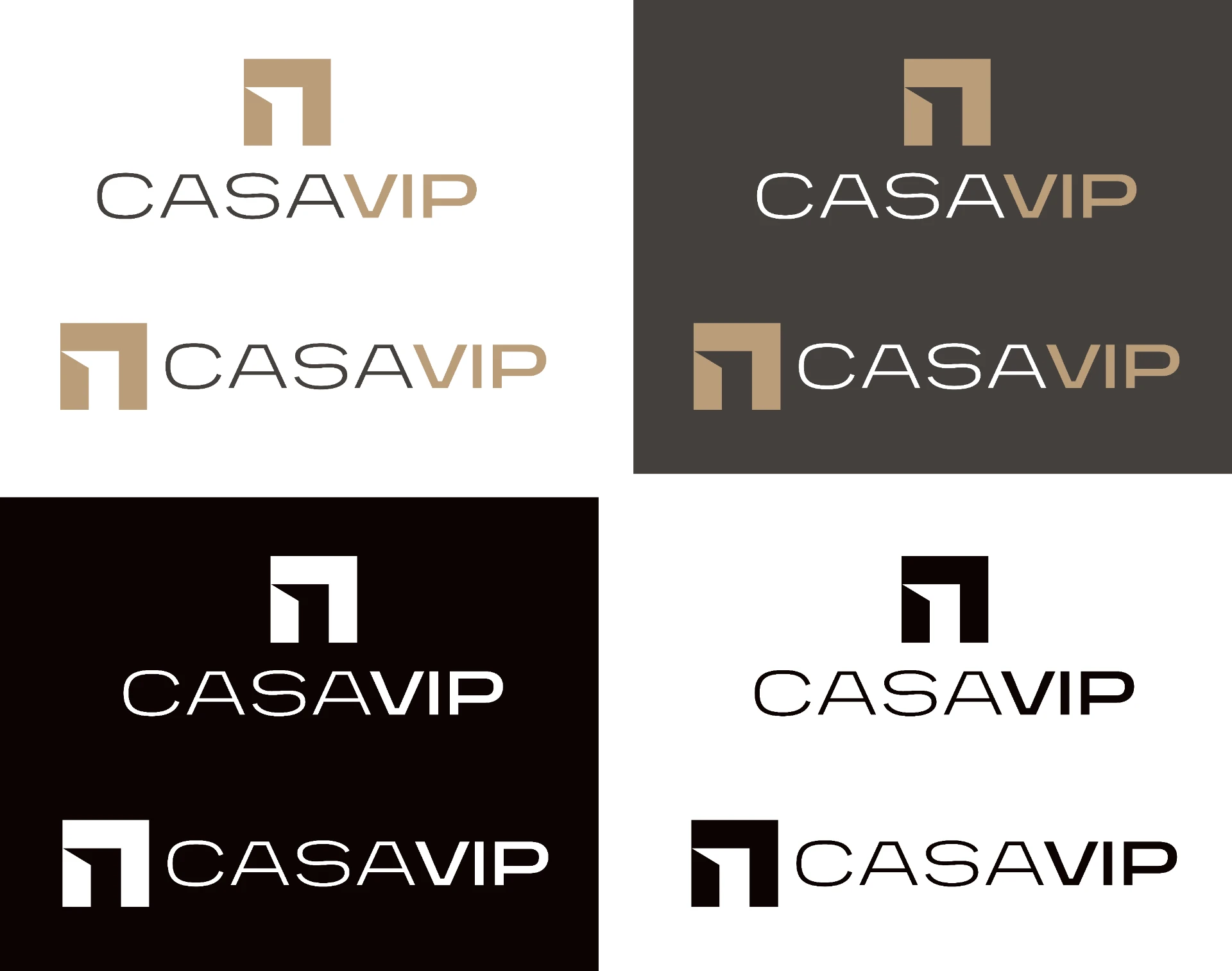 Quadrantes do logotipo Casa VIP: aplicações em positivo colorido, positivo monocromático, negativo e P&B